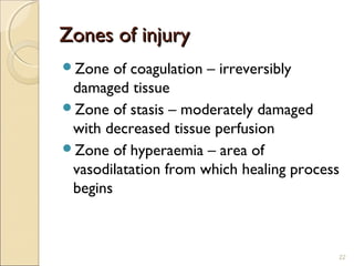 Zones of injuryZones of injury
Zone of coagulation – irreversibly
damaged tissue
Zone of stasis – moderately damaged
with decreased tissue perfusion
Zone of hyperaemia – area of
vasodilatation from which healing process
begins
22
 