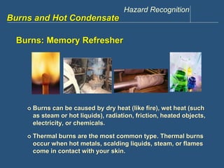 Hazard Recognition 
www.discountppe.com 
Burns and Hot Condensate 
Burns: Memory Refresher 
 Burns can be caused by dry heat (like fire), wet heat (such 
as steam or hot liquids), radiation, friction, heated objects, 
electricity, or chemicals. 
 Thermal burns are the most common type. Thermal burns 
occur when hot metals, scalding liquids, steam, or flames 
come in contact with your skin. 
 