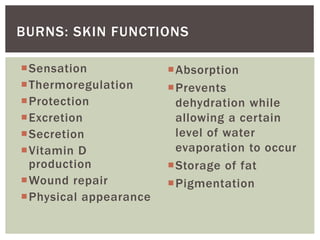 Sensation
Thermoregulation
Protection
Excretion
Secretion
Vitamin D
production
Wound repair
Physical appearance
Absorption
Prevents
dehydration while
allowing a certain
level of water
evaporation to occur
Storage of fat
Pigmentation
BURNS: SKIN FUNCTIONS
 