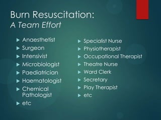 Burn Resuscitation:
A Team Effort









Anaesthetist
Surgeon
Intensivist
Microbiologist
Paediatrician
Haematologist
Chemical
Pathologist
etc



Specialist Nurse



Physiotherapist



Occupational Therapist



Theatre Nurse



Ward Clerk



Secretary



Play Therapist



etc

 