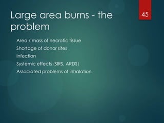 Large area burns - the
problem
Area / mass of necrotic tissue
Shortage of donor sites
Infection

Systemic effects (SIRS, ARDS)
Associated problems of inhalation

45

 