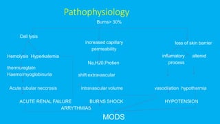Pathophysiology
Burns> 30%
Cell lysis
increased capillary
permeability
Hemolysis Hyperkalemia
Na,H20,Protien
loss of skin barrier
inflamatory altered
process
thermoreglatn
Haemo/myoglobinuria shift extravascular
Acute tubular neccrosis intravascular volume vasodilation hypothermia
HYPOTENSION
ACUTE RENAL FAILURE BURNS SHOCK
ARRYTHMIAS
MODS
 