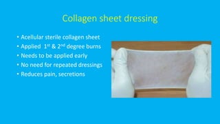 Collagen sheet dressing
• Acellular sterile collagen sheet
• Applied 1st & 2nd degree burns
• Needs to be applied early
• No need for repeated dressings
• Reduces pain, secretions
 