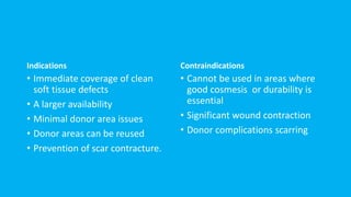 Indications
• Immediate coverage of clean
soft tissue defects
• A larger availability
• Minimal donor area issues
• Donor areas can be reused
• Prevention of scar contracture.
Contraindications
• Cannot be used in areas where
good cosmesis or durability is
essential
• Significant wound contraction
• Donor complications scarring
 