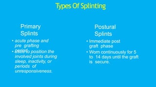 Primary
Splints
• acute phase and
pre grafting
period
• used to position the
involved joints during
sleep, inactivity, or
periods of
unresponsiveness.
Postural
Splints
• Immediate post
graft phase
• Worn continuously for 5
to 14 days until the graft
is secure.
Types Of Splinting
 