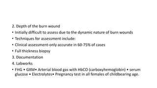 2. Depth of the burn wound
• Initially difficult to assess due to the dynamic nature of burn wounds
• Techniques for assessment include:
• Clinical assessment-only accurate in 60-75% of cases
• Full thickness biopsy
3. Documentation
4. Labworks
• FHG • GXM• Arterial blood gas with HbCO (carboxyhemoglobin) • serum
glucose • Electrolytes• Pregnancy test in all females of childbearing age.
 
