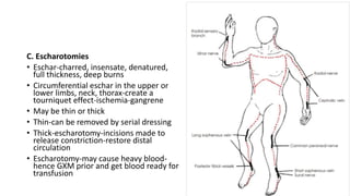 C. Escharotomies
• Eschar-charred, insensate, denatured,
full thickness, deep burns
• Circumferential eschar in the upper or
lower limbs, neck, thorax-create a
tourniquet effect-ischemia-gangrene
• May be thin or thick
• Thin-can be removed by serial dressing
• Thick-escharotomy-incisions made to
release constriction-restore distal
circulation
• Escharotomy-may cause heavy blood-
hence GXM prior and get blood ready for
transfusion
 
