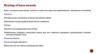 Healing of burn wounds
Burns - managed conservatively - healed in 3 weeks.If no signs of re-epithelialisation - debridement and grafting
Infection
Managed using a combination of topical and systemic agents.
Debridement and skin grafting should also be considered.
Itching
Histamine and endopeptides cause itching
Antihistamines, analgesics, moisturising creams, aloe vera, antibiotics, gabapentin, cyproheptadine, loratidine
and topical doxepin cream.
Traumatic blisters
Coz of new fragile epithelium
Moisturiser and non adherent dressings will suffice
 