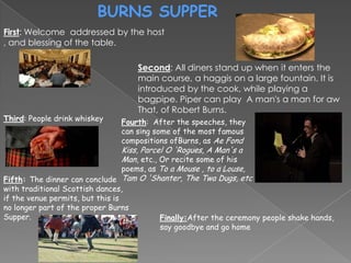 BURNS SUPPER
First: Welcome addressed by the host
, and blessing of the table.

                                     Second: All diners stand up when it enters the
                                     main course, a haggis on a large fountain. It is
                                     introduced by the cook, while playing a
                                     bagpipe. Piper can play A man's a man for aw
                                     That, of Robert Burns.
Third: People drink whiskey     Fourth: After the speeches, they
                                can sing some of the most famous
                                compositions ofBurns, as Ae Fond
                               Kiss, Parcel O 'Rogues, A Man's a
                               Man, etc., Or recite some of his
                               poems, as To a Mouse , to a Louse,
Fifth: The dinner can conclude Tam O 'Shanter, The Twa Dugs, etc
with traditional Scottish dances,
if the venue permits, but this is
no longer part of the proper Burns
Supper.                                   Finally:After the ceremony people shake hands,
                                          say goodbye and go home
 