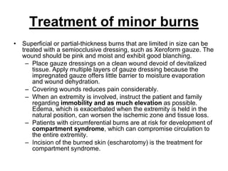 Treatment of minor burns
• Superficial or partial-thickness burns that are limited in size can be
treated with a semiocclusive dressing, such as Xeroform gauze. The
wound should be pink and moist and exhibit good blanching.
– Place gauze dressings on a clean wound devoid of devitalized
tissue. Apply multiple layers of gauze dressing because the
impregnated gauze offers little barrier to moisture evaporation
and wound dehydration.
– Covering wounds reduces pain considerably.
– When an extremity is involved, instruct the patient and family
regarding immobility and as much elevation as possible.
Edema, which is exacerbated when the extremity is held in the
natural position, can worsen the ischemic zone and tissue loss.
– Patients with circumferential burns are at risk for development of
compartment syndrome, which can compromise circulation to
the entire extremity.
– Incision of the burned skin (escharotomy) is the treatment for
compartment syndrome.
 
