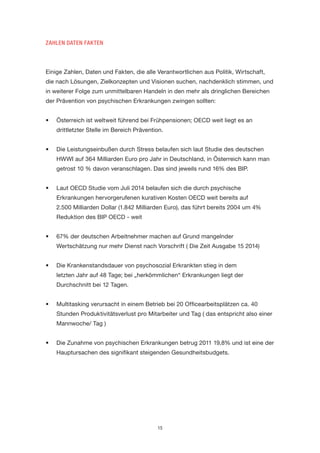 15 
ZAHLEN DATEN FAKTEN 
Einige Zahlen, Daten und Fakten, die alle Verantwortlichen aus Politik, Wirtschaft, die nach Lösungen, Zielkonzepten und Visionen suchen, nachdenklich stimmen, und in weiterer Folge zum unmittelbaren Handeln in den mehr als dringlichen Bereichen der Prävention von psychischen Erkrankungen zwingen sollten: 
• Österreich ist weltweit führend bei Frühpensionen; OECD weit liegt es an drittletzter Stelle im Bereich Prävention. 
• Die Leistungseinbußen durch Stress belaufen sich laut Studie des deutschen HWWI auf 364 Milliarden Euro pro Jahr in Deutschland, in Österreich kann man getrost 10 % davon veranschlagen. Das sind jeweils rund 16% des BIP. 
• Laut OECD Studie vom Juli 2014 belaufen sich die durch psychische Erkrankungen hervorgerufenen kurativen Kosten OECD weit bereits auf 2.500 Milliarden Dollar (1.842 Milliarden Euro), das führt bereits 2004 um 4% Reduktion des BIP OECD - weit 
• 67% der deutschen Arbeitnehmer machen auf Grund mangelnder Wertschätzung nur mehr Dienst nach Vorschrift ( Die Zeit Ausgabe 15 2014) 
• Die Krankenstandsdauer von psychosozial Erkrankten stieg in dem 
letzten Jahr auf 48 Tage; bei „herkömmlichen“ Erkrankungen liegt der Durchschnitt bei 12 Tagen. 
• Multitasking verursacht in einem Betrieb bei 20 Officearbeitsplätzen ca. 40 Stunden Produktivitätsverlust pro Mitarbeiter und Tag ( das entspricht also einer Mannwoche/ Tag ) 
• Die Zunahme von psychischen Erkrankungen betrug 2011 19,8% und ist eine der Hauptursachen des signifikant steigenden Gesundheitsbudgets.  