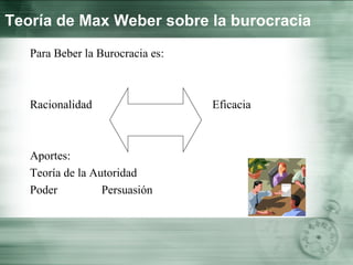 Teoría de Max Weber sobre la burocracia
Para Beber la Burocracia es:
Racionalidad Eficacia
Aportes:
Teoría de la Autoridad
Poder Persuasión
 
