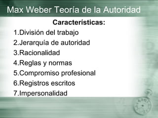 Max Weber Teoría de la Autoridad
Características:
1.División del trabajo
2.Jerarquía de autoridad
3.Racionalidad
4.Reglas y normas
5.Compromiso profesional
6.Registros escritos
7.Impersonalidad
 