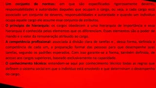 ⮚ Um conjunto de normas: em que são especificados rigorosamente deveres,
responsabilidades e autoridades daqueles que ocupam o cargo, ou seja, a cada cargo está
associado um conjunto de deveres, responsabilidades e autoridade e quando um indivíduo
ocupa aquele cargo ele assume esse conjunto de atributos.
⮚ O princípio de hierarquia: os cargos obedecem a uma hierarquia de importância e essa
hierarquia é conhecida pelos elementos que os diferenciam. Esses elementos são o poder de
mando e o valor da remuneração atribuído ao cargo.
⮚ A competência profissional: associada á divisão clara de tarefas e , dessa forma, definida a
competência de cada um, a preparação formal das pessoas para que desempenhe suas
tarefas, segundo os padrões esperados. Com isso garante-se a forma, também definida, de
acesso aos cargos superiores, baseado exclusivamente na capacidade.
⮚ O conhecimento técnico: entendem-se aqui por conhecimento técnico todas as regras que
definem o sistema social em que o indivíduo está envolvido e que determinam o desempenho
do cargo.
 