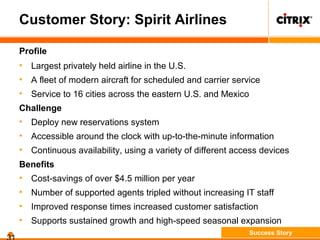 Customer Story: Spirit Airlines
Profile
• Largest privately held airline in the U.S.
• A fleet of modern aircraft for scheduled and carrier service
• Service to 16 cities across the eastern U.S. and Mexico
Challenge
• Deploy new reservations system
• Accessible around the clock with up-to-the-minute information
• Continuous availability, using a variety of different access devices
Benefits
• Cost-savings of over $4.5 million per year
• Number of supported agents tripled without increasing IT staff
• Improved response times increased customer satisfaction
• Supports sustained growth and high-speed seasonal expansion
Success Story
 