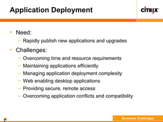 Application Deployment
• Need:
– Rapidly publish new applications and upgrades
• Challenges:
– Overcoming time and resource requirements
– Maintaining applications efficiently
– Managing application deployment complexity
– Web enabling desktop applications
– Providing secure, remote access
– Overcoming application conflicts and compatibility
Business Challenges
 