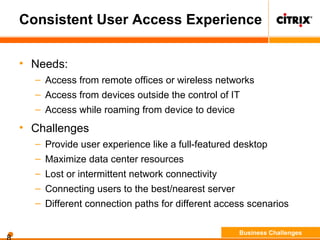 Consistent User Access Experience
• Needs:
– Access from remote offices or wireless networks
– Access from devices outside the control of IT
– Access while roaming from device to device
• Challenges
– Provide user experience like a full-featured desktop
– Maximize data center resources
– Lost or intermittent network connectivity
– Connecting users to the best/nearest server
– Different connection paths for different access scenarios
Business Challenges
 