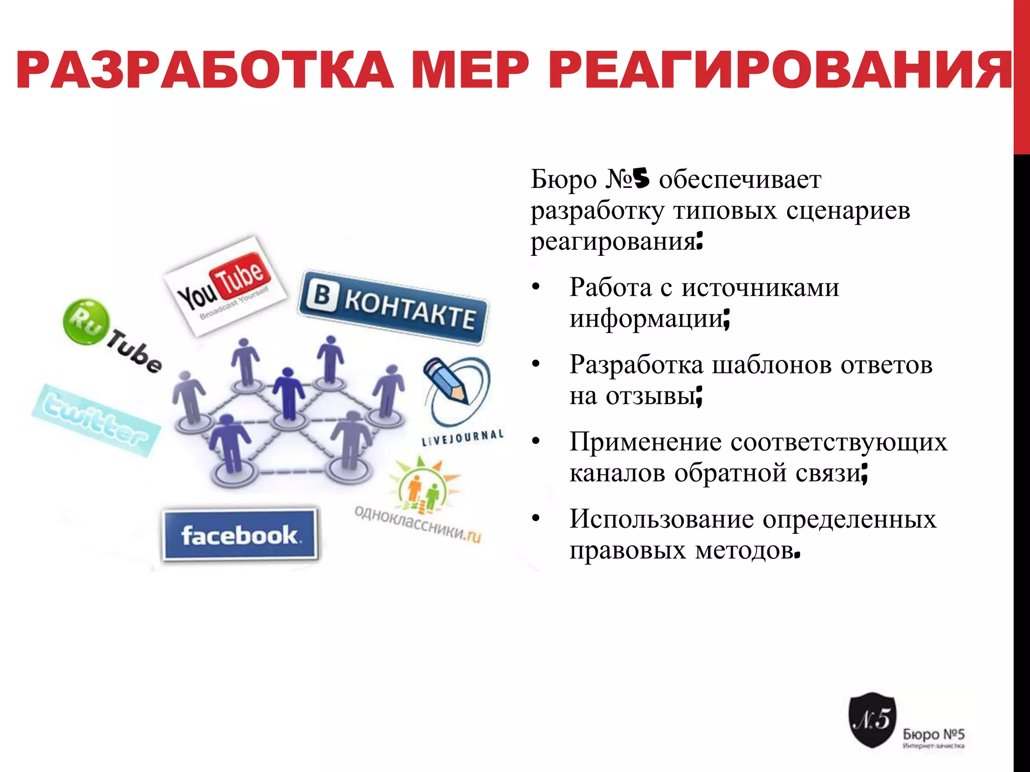 РАЗРАБОТКА МЕР РЕАГИРОВАНИЯ
Бюро №5 обеспечивает
разработку типовых сценариев
реагирования:
• Работа с источниками
информации;
• Разработка шаблонов ответов
на отзывы;
• Применение соответствующих
каналов обратной связи;
• Использование определенных
правовых методов.

 