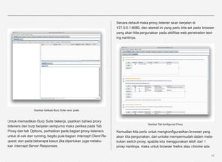 Secara default maka proxy listener akan berjalan di
                                                                    127.0.0.1:8080, dan alamat ini yang perlu kita set pada browser
                                                                    yang akan kita pergunakan pada aktiﬁtas web penetration test-
                                                                    ing nantinya.




                 Gambar Aplikasi Burp Suite versi gratis



Untuk memastikan Burp Suite bekerja, pastikan bahwa proxy
                                                                                        Gambar Tab konﬁgurasi Proxy
listeners dari burp berjalan sempurna maka periksa pada Tab
Proxy dan tab Options, perhatikan pada bagian proxy-listeners       Kemudian kita perlu untuk mengkonﬁgurasikan browser yang
untuk di-cek dan running, begitu pula bagian Intercept Client Re-   akan kita pergunakan, dan untuke mempermudah dalam mela-
quest, dan pada beberapa kasus jika diperlukan juga melaku-         kukan switch proxy, apabila kita menggunakan lebih dari 1
kan intercept Server Responses.                                     proxy nantinya, maka untuk browser ﬁrefox atau chrome ada

                                                                                                                                49
 