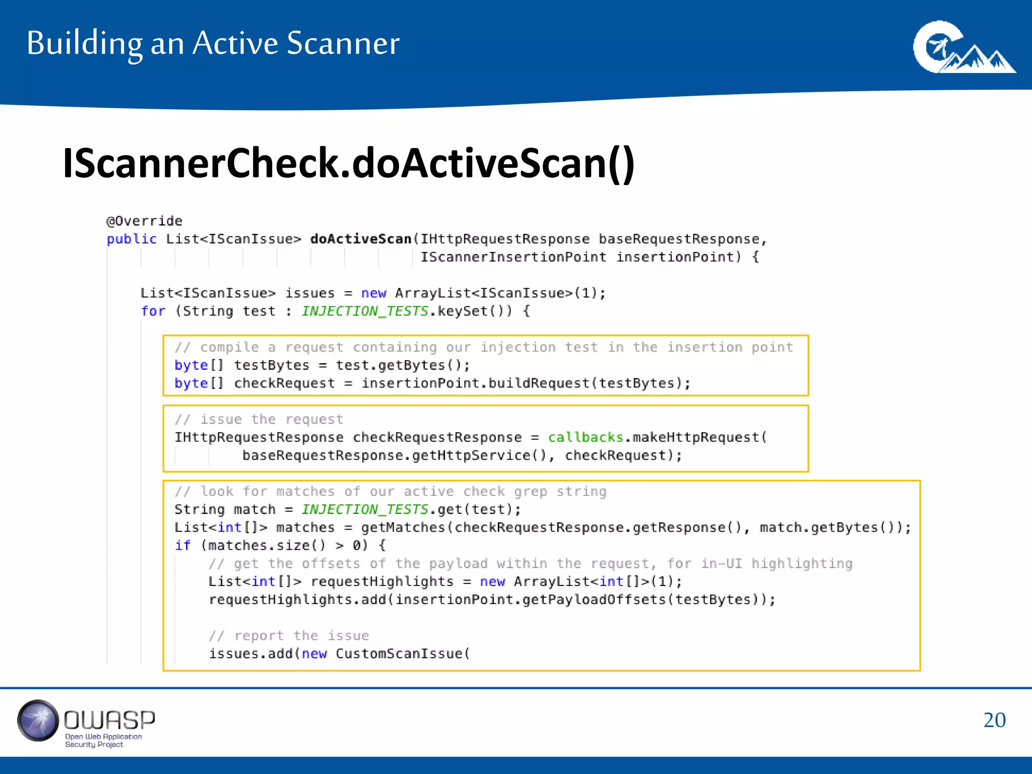 20 
Building an Active Scanner 
IScannerCheck.doActiveScan() 
 