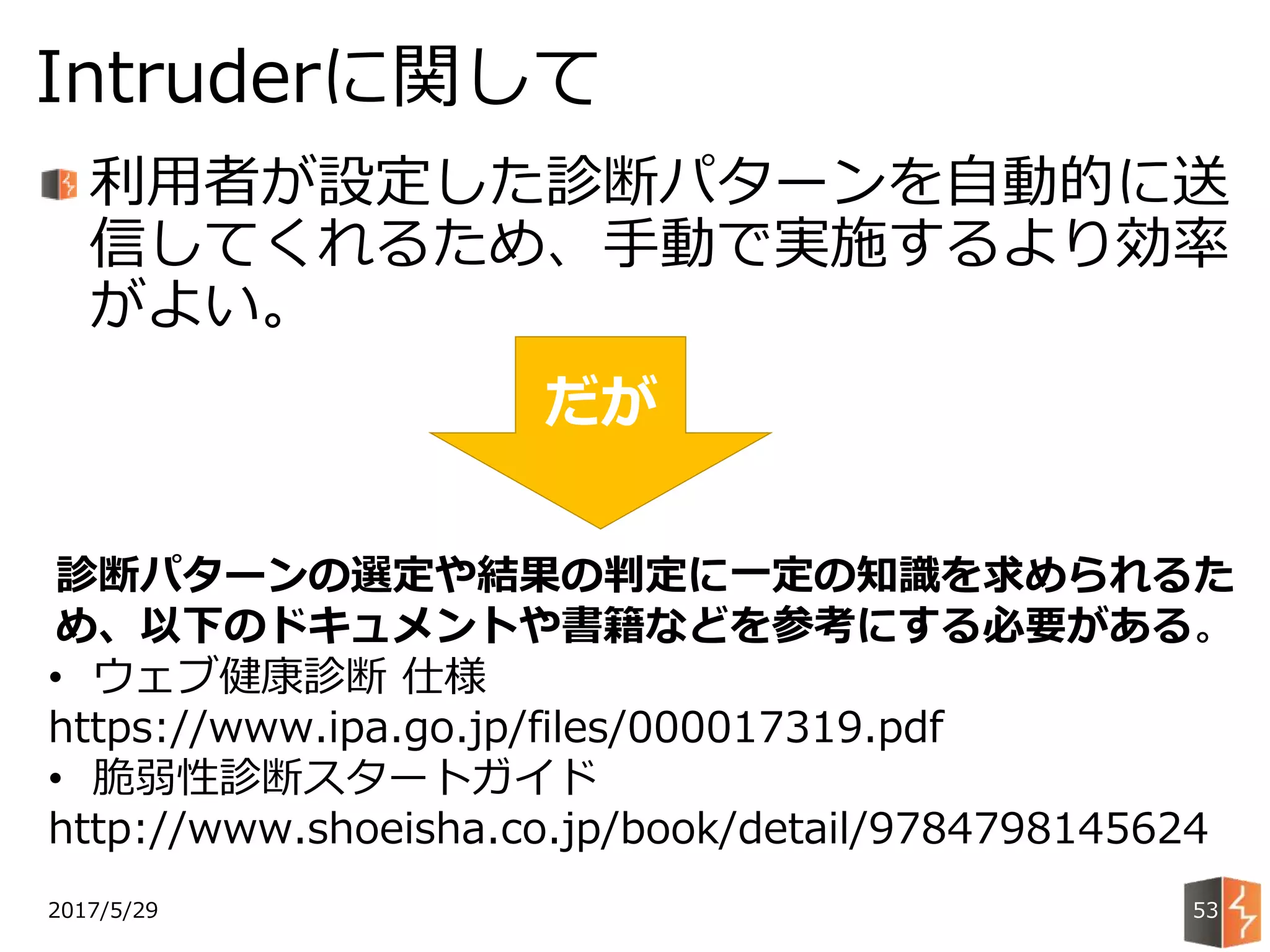 利用者が設定した診断パターンを自動的に送
信してくれるため、手動で実施するより効率
がよい。
2017/5/29
Intruderに関して
53
診断パターンの選定や結果の判定に一定の知識を求められるた
め、以下のドキュメントや書籍などを参考にする必要がある。
• ウェブ健康診断 仕様
https://www.ipa.go.jp/files/000017319.pdf
• 脆弱性診断スタートガイド
http://www.shoeisha.co.jp/book/detail/9784798145624
だが
 