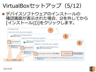 2017/5/29
VirtualBoxセットアップ（5/12）
11
デバイスソフトウェアのインストールの
確認画面が表示された場合、☑を外してから
[インストール(I)]をクリックします。
チェックを外しますチェックを外しますチェックを外します
7
8
9
 