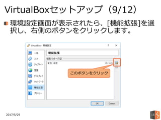 2017/5/29
VirtualBoxセットアップ（9/12）
15
環境設定画面が表示されたら、[機能拡張]を選
択し、右側のボタンをクリックします。
このボタンをクリック
 