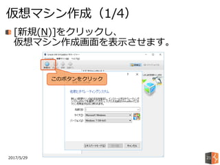 2017/5/29
仮想マシン作成（1/4）
21
[新規(N)]をクリックし、
仮想マシン作成画面を表示させます。
このボタンをクリック
 