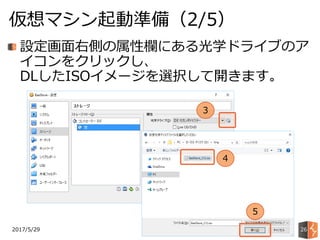 2017/5/29
仮想マシン起動準備（2/5）
26
設定画面右側の属性欄にある光学ドライブのア
イコンをクリックし、
DLしたISOイメージを選択して開きます。
3
4
5
 
