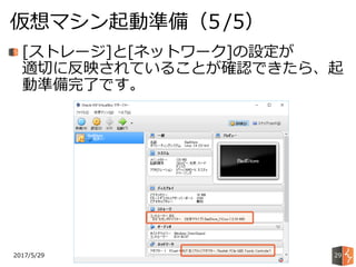 2017/5/29
仮想マシン起動準備（5 /5）
29
[ストレージ]と[ネットワーク]の設定が
適切に反映されていることが確認できたら、起
動準備完了です。
 
