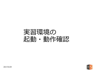 2017/5/29 30
実習環境の
起動・動作確認
 