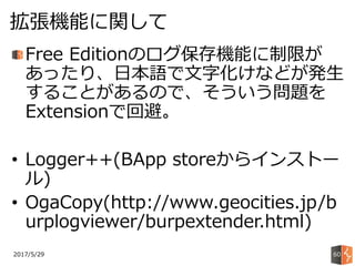 Free Editionのログ保存機能に制限が
あったり、日本語で文字化けなどが発生
することがあるので、そういう問題を
Extensionで回避。
• Logger++(BApp storeからインストー
ル)
• OgaCopy(http://www.geocities.jp/b
urplogviewer/burpextender.html)
2017/5/29
拡張機能に関して
60
 