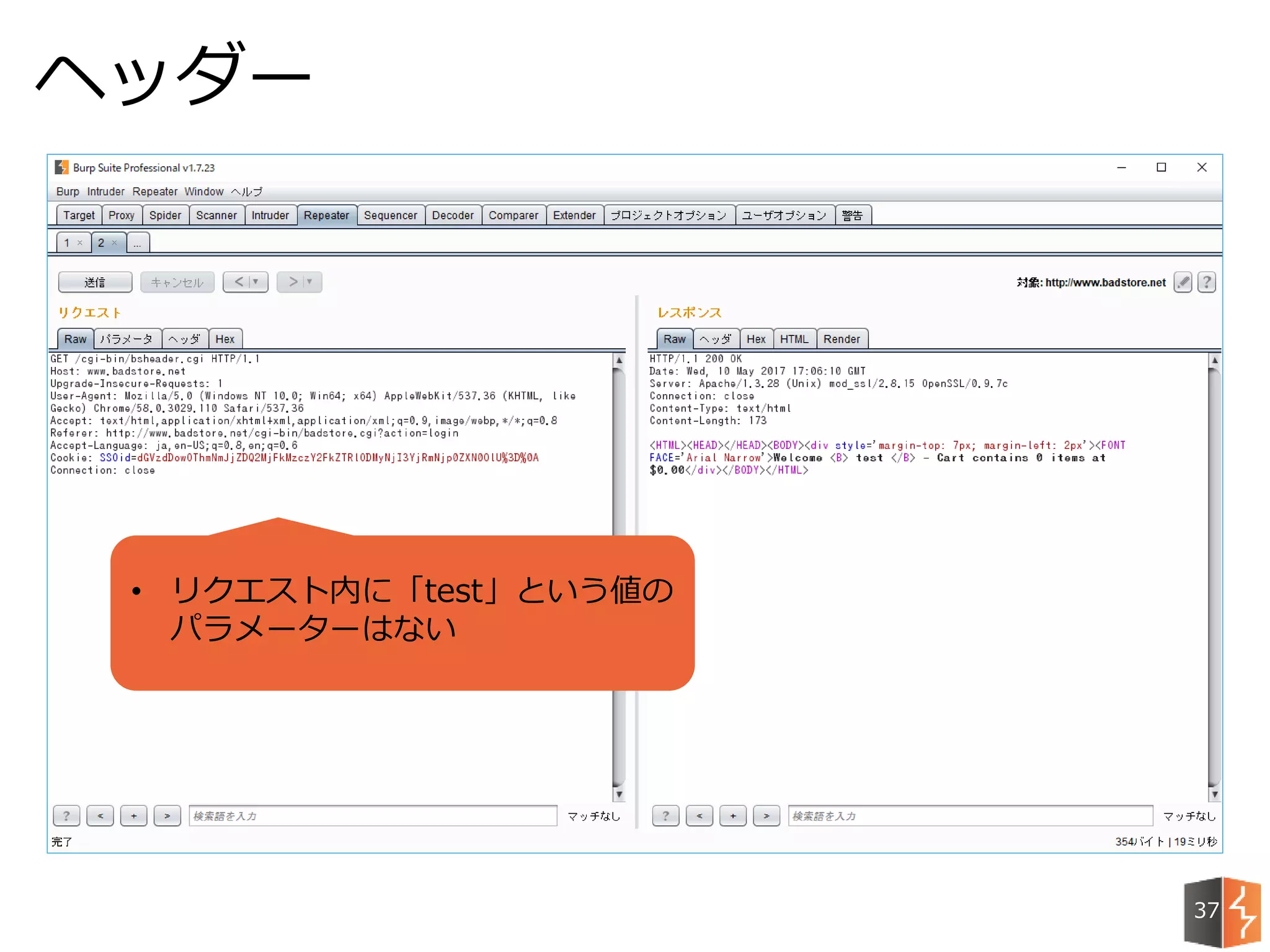 ヘッダー
37
• リクエスト内に「test」という値の
パラメーターはない
 