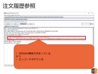 注文履歴参照
21
• SSOidは構造が決まっている
かつ
• エンコードされている
 