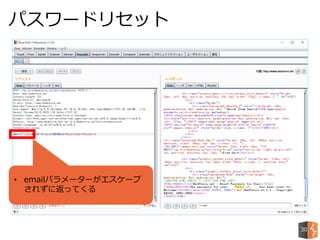 パスワードリセット
30
• emailパラメーターがエスケープ
されずに返ってくる
 