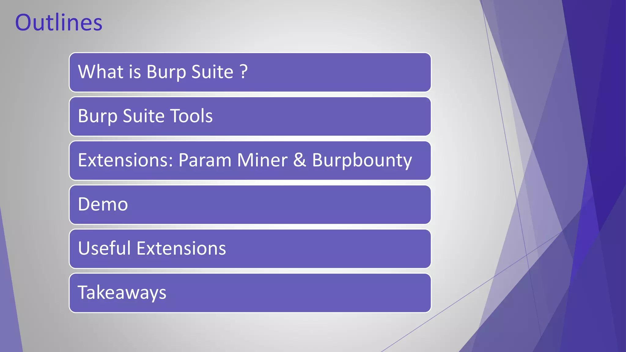 What is Burp Suite ?
Burp Suite Tools
Extensions: Param Miner & Burpbounty
Demo
Useful Extensions
Takeaways
Outlines
 