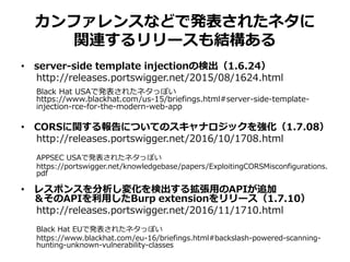 カンファレンスなどで発表されたネタに
関連するリリースも結構ある
• server-side template injectionの検出（1.6.24）
http://releases.portswigger.net/2015/08/1624.html
Black Hat USAで発表されたネタっぽい
https://www.blackhat.com/us-15/briefings.html#server-side-template-
injection-rce-for-the-modern-web-app
• CORSに関する報告についてのスキャナロジックを強化（1.7.08）
http://releases.portswigger.net/2016/10/1708.html
APPSEC USAで発表されたネタっぽい
https://portswigger.net/knowledgebase/papers/ExploitingCORSMisconfigurations.
pdf
• レスポンスを分析し変化を検出する拡張用のAPIが追加
＆そのAPIを利用したBurp extensionをリリース（1.7.10）
http://releases.portswigger.net/2016/11/1710.html
Black Hat EUで発表されたネタっぽい
https://www.blackhat.com/eu-16/briefings.html#backslash-powered-scanning-
hunting-unknown-vulnerability-classes
 