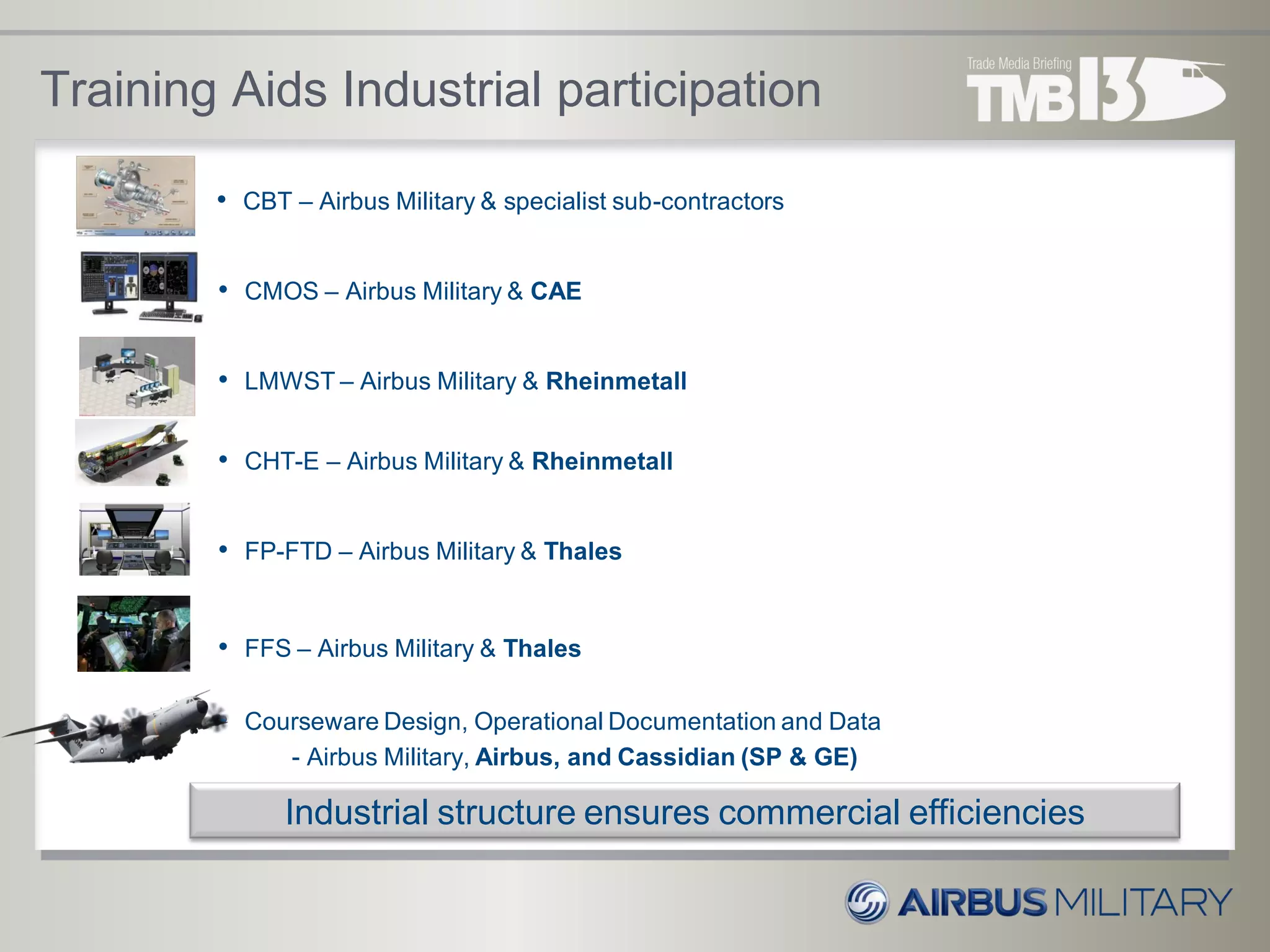 Training Aids Industrial participation
• CBT – Airbus Military & specialist sub-contractors
• CMOS – Airbus Military & CAE
• LMWST – Airbus Military & Rheinmetall
• CHT-E – Airbus Military & Rheinmetall
• FP-FTD – Airbus Military & Thales
• FFS – Airbus Military & Thales
• Courseware Design, Operational Documentation and Data
- Airbus Military, Airbus, and Cassidian (SP & GE)
Industrial structure ensures commercial efficiencies
 