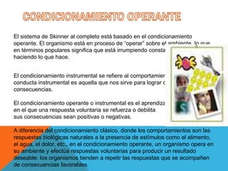 El sistema de Skinner al completo está basado en el condicionamiento
operante. El organismo está en proceso de “operar” sobre el ambiente, lo que
en términos populares significa que está irrumpiendo constantemente;
haciendo lo que hace.
El condicionamiento instrumental se refiere al comportamiento voluntario. Una
conducta instrumental es aquella que nos sirve para lograr determinadas
consecuencias.
El condicionamiento operante o instrumental es el aprendizaje
en el que una respuesta voluntaria se refuerza o debilita según
sus consecuencias sean positivas o negativas.
A diferencia del condicionamiento clásico, donde los comportamientos son las
respuestas biológicas naturales a la presencia de estímulos como el alimento,
el agua, el dolor, etc., en el condicionamiento operante, un organismo opera en
su ambiente y efectúa respuestas voluntarias para producir un resultado
deseable: los organismos tienden a repetir las respuestas que se acompañen
de consecuencias favorables.
 