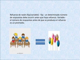 • Refuerzo de razón (fija/variable) - fija - un
determinado número de respuestas debe
ocurrir antes que haya refuerzo. Variable - el
número de respuestas antes de que se
produzca el refuerzo es un promedio.
Refuerzo de razón (fija/variable) - fija - un determinado número
de respuestas debe ocurrir antes que haya refuerzo. Variable -
el número de respuestas antes de que se produzca el refuerzo
es un promedio.
 