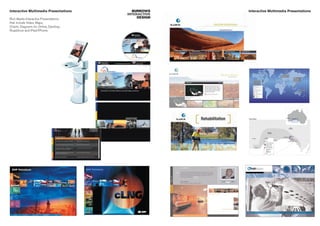 Interactive Multimedia Presentations      BURROWS     Interactive Multimedia Presentations
                                        INTERACTIVE
Rich Media Interactive Presentations         DESIGN
that include Video, Maps,
Charts, Diagrams for Online, Desktop,
Roadshow and IPad/IPhone.
 