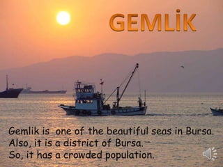 Gemlik is one of the beautiful seas in Bursa. 
Also, it is a district of Bursa. 
So, it has a crowded population. 
 