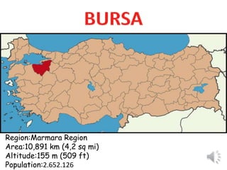 Region:Marmara Region 
Area:10,891 km (4,2 sq mi) 
Altitude:155 m (509 ft) 
Population:2.652.126 
 