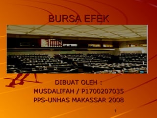 BURSA EFEK




      DIBUAT OLEH :
MUSDALIFAH / P1700207035
PPS-UNHAS MAKASSAR 2008
                     1
 