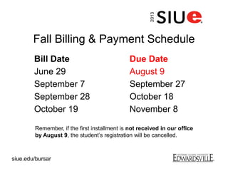 Fall Billing & Payment Schedule
Bill Date
June 29
September 7
September 28
October 19
Due Date
August 9
September 27
October 18
November 8
Remember, if the first installment is not received in our office
by August 9, the student’s registration will be cancelled.
2013
siue.edu/bursar
 