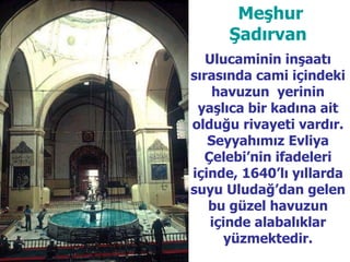 Meşhur Şadırvan Ulucaminin inşaatı sırasında cami içindeki havuzun  yerinin yaşlıca bir kadına ait olduğu rivayeti vardır. Seyyahımız Evliya Çelebi’nin ifadeleri içinde, 1640’lı yıllarda suyu Uludağ’dan gelen bu güzel havuzun içinde alabalıklar yüzmektedir. 