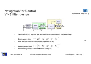 https://mvp.in.tum.de Machine Vision and Perception Group IPAM Workshop I, Oct 7, 2020
21
Navigation for Control
VINS filter design [Schmid et al. IROS 2012]
Synchronization of real-time and non realtime modules by sensor hardware trigger
Direct system state:
High rate calculation by „Strap Down Algorithm“ (SDA)
Indirect system state:
Estimation by indirect Extended Kalman Filter (EKF)
 
