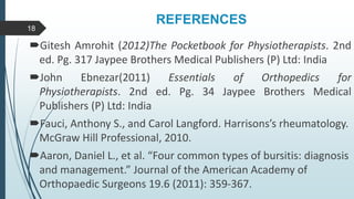 REFERENCES
Gitesh Amrohit (2012)The Pocketbook for Physiotherapists. 2nd
ed. Pg. 317 Jaypee Brothers Medical Publishers (P) Ltd: India
John Ebnezar(2011) Essentials of Orthopedics for
Physiotherapists. 2nd ed. Pg. 34 Jaypee Brothers Medical
Publishers (P) Ltd: India
Fauci, Anthony S., and Carol Langford. Harrisons’s rheumatology.
McGraw Hill Professional, 2010.
Aaron, Daniel L., et al. “Four common types of bursitis: diagnosis
and management.” Journal of the American Academy of
Orthopaedic Surgeons 19.6 (2011): 359-367.
18
 
