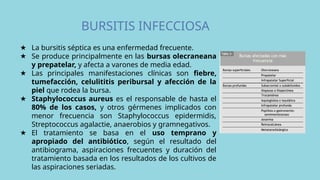 BURSITIS INFECCIOSA
★ La bursitis séptica es una enfermedad frecuente.
★ Se produce principalmente en las bursas olecraneana
y prepatelar, y afecta a varones de media edad.
★ Las principales manifestaciones clínicas son fiebre,
tumefacción, celulititis peribursal y afección de la
piel que rodea la bursa.
★ Staphylococcus aureus es el responsable de hasta el
80% de los casos, y otros gérmenes implicados con
menor frecuencia son Staphylococcus epidermidis,
Streptococcus agalactie, anaerobios y gramnegativos.
★ El tratamiento se basa en el uso temprano y
apropiado del antibiótico, según el resultado del
antibiograma, aspiraciones frecuentes y duración del
tratamiento basada en los resultados de los cultivos de
las aspiraciones seriadas.
 