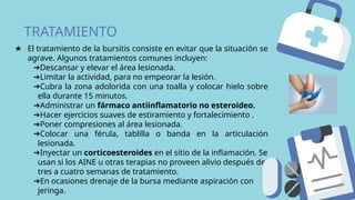TRATAMIENTO
★ El tratamiento de la bursitis consiste en evitar que la situación se
agrave. Algunos tratamientos comunes incluyen:
➔Descansar y elevar el área lesionada.
➔Limitar la actividad, para no empeorar la lesión.
➔Cubra la zona adolorida con una toalla y colocar hielo sobre
ella durante 15 minutos.
➔Administrar un fármaco antiinflamatorio no esteroideo.
➔Hacer ejercicios suaves de estiramiento y fortalecimiento .
➔Poner compresiones al área lesionada.
➔Colocar una férula, tablilla o banda en la articulación
lesionada.
➔Inyectar un corticoesteroides en el sitio de la inflamación. Se
usan si los AINE u otras terapias no proveen alivio después de
tres a cuatro semanas de tratamiento.
➔En ocasiones drenaje de la bursa mediante aspiración con
jeringa.
 
